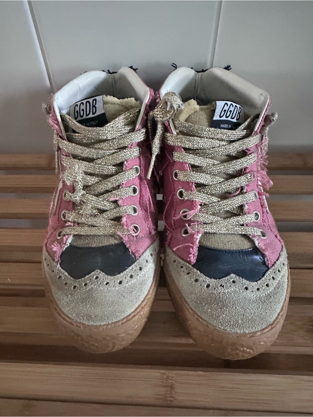 Golden Goose Mid Star Salmon Sneakers with Gold Glitter Laces